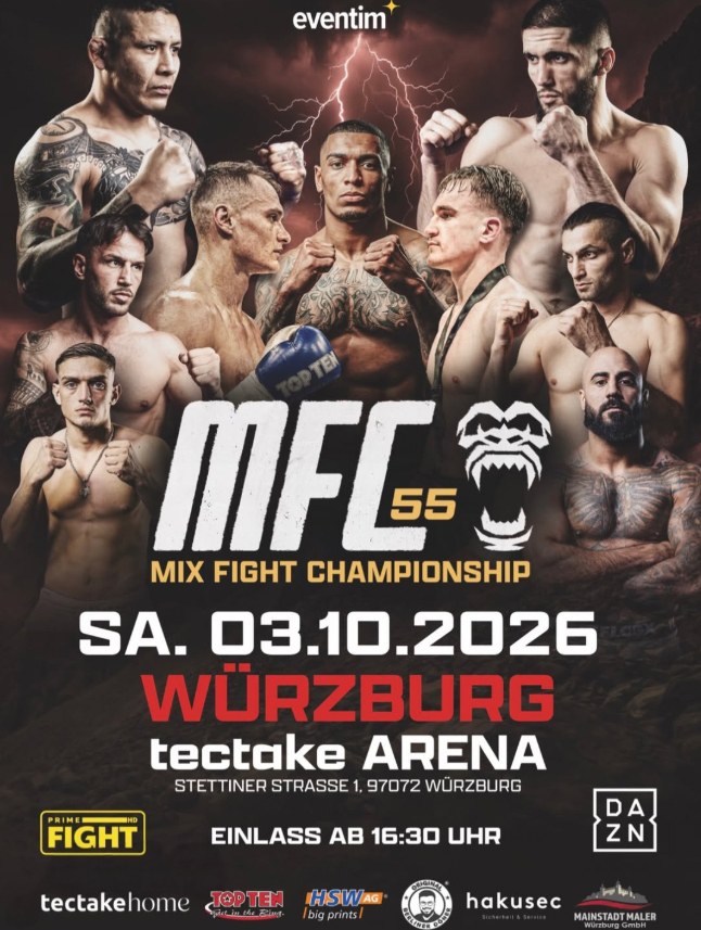 Plakat MFC 55 – Mix Fight Championship am 3. Oktober 2026 in der Tectake Arena Würzburg