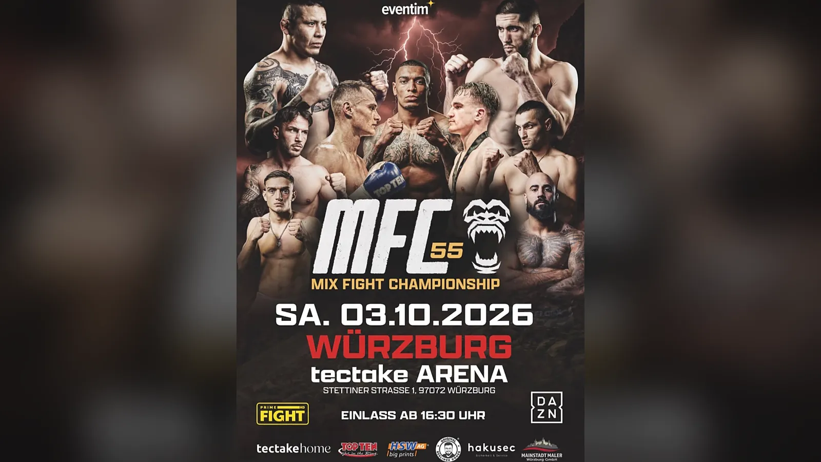 Offizielles Plakat zu MFC 55 – Mix Fight Championship am Samstag, 03.10.2026, in der tectake Arena Würzburg, mit Kämpferfotos und einer Leiste mit Partnerlogos