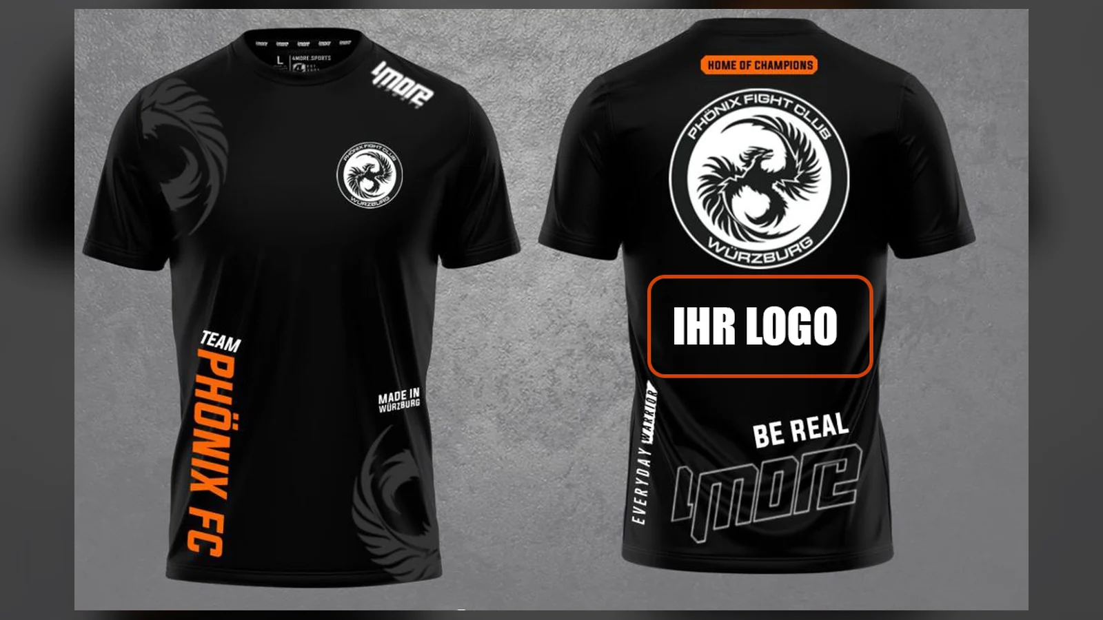 Schwarzes Team-Phönix-Shirt von vorn und hinten: Phönix-Logo, „Home of Champions“ und ein oranges Feld „IHR LOGO“ auf dem Rücken